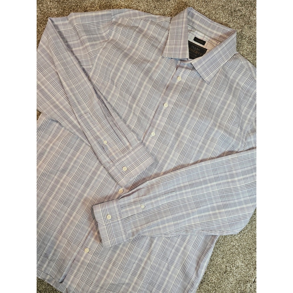 Jos. A. Bank Reserve Mens XL Tailored Fit Egyptian Cotton Plaid Dress Shirt Blue